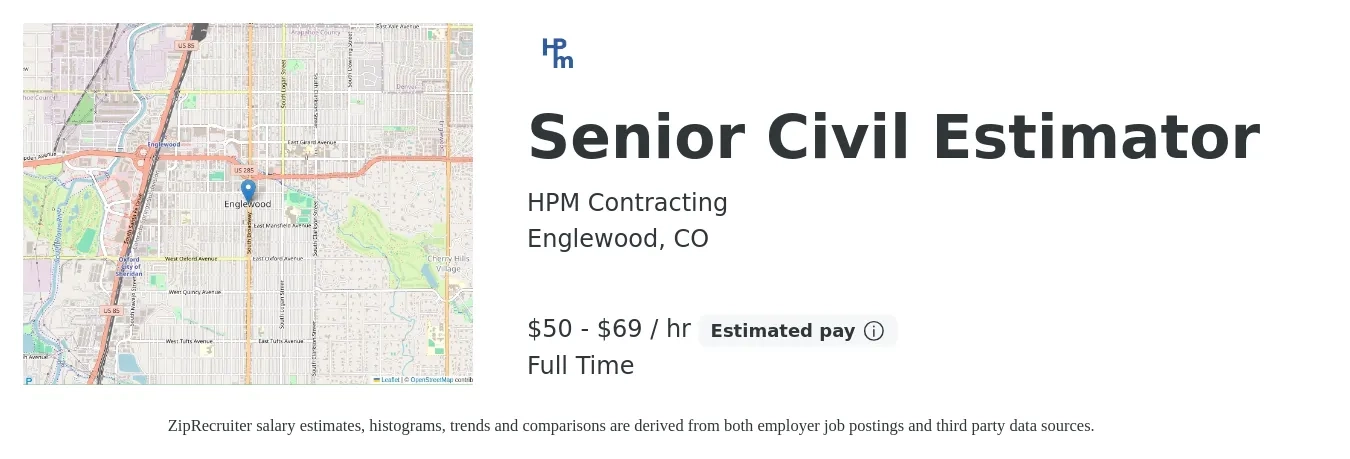 HPM Contracting job posting for a Senior Civil Estimator in Englewood, CO with a salary of $110,000 to $150,000 Yearly with a map of Englewood location.