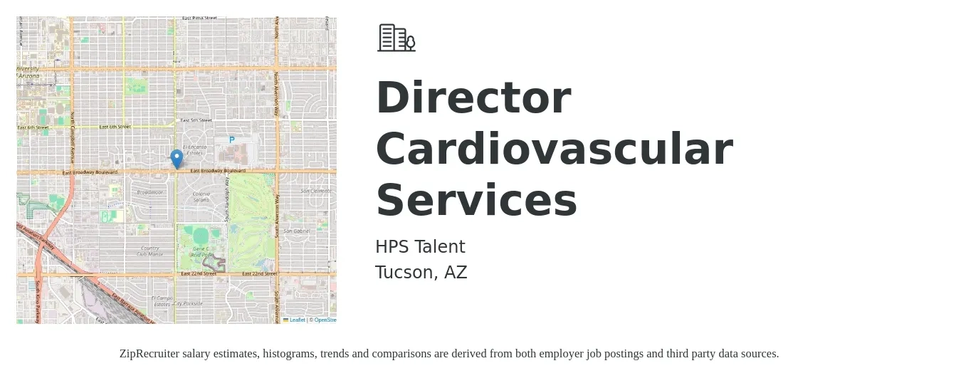 HPS Talent job posting for a Director Cardiovascular Services in Tucson, AZ with a salary of $86,800 to $150,400 Yearly with a map of Tucson location.