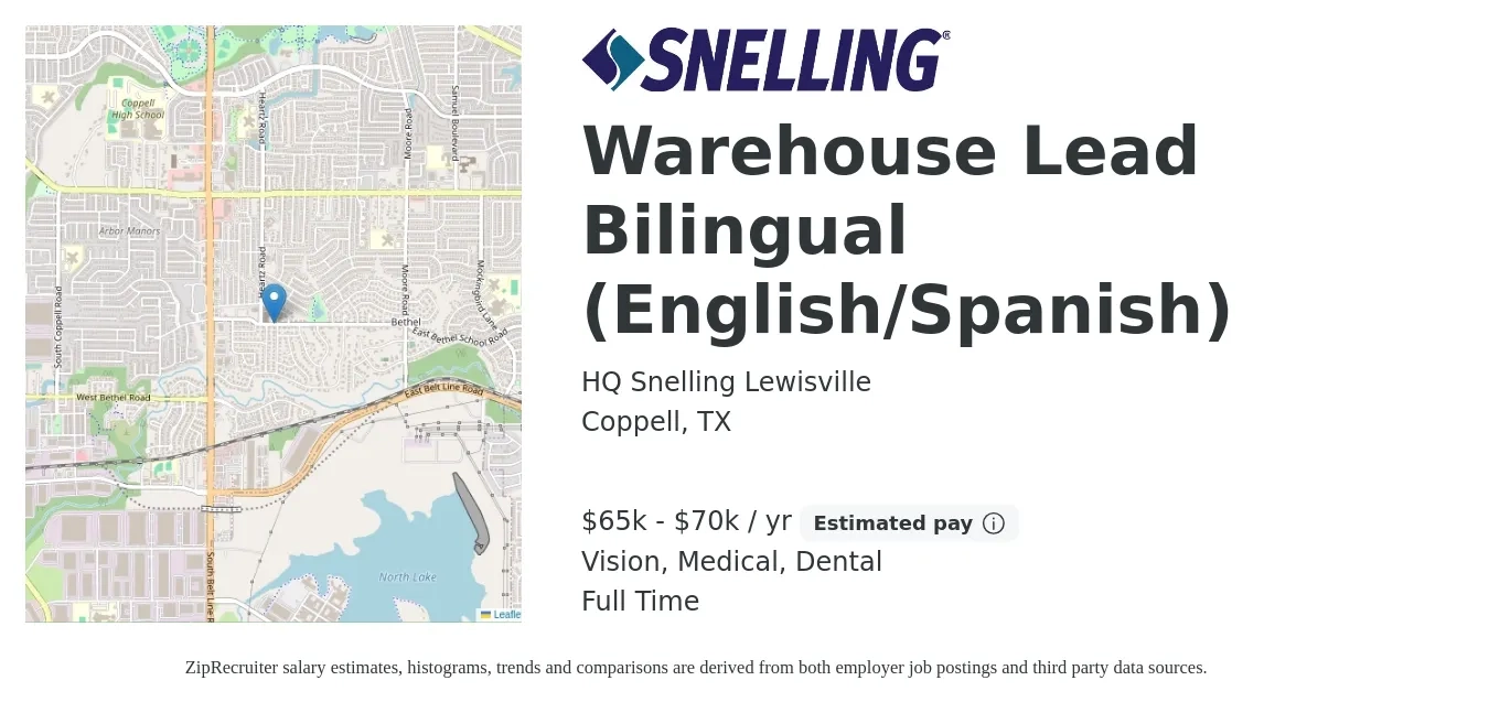 HQ Snelling Lewisville job posting for a Warehouse Lead Bilingual (English/Spanish) in Coppell, TX with a salary of $65,000 to $70,000 Yearly and benefits including dental, medical, and vision with a map of Coppell location.