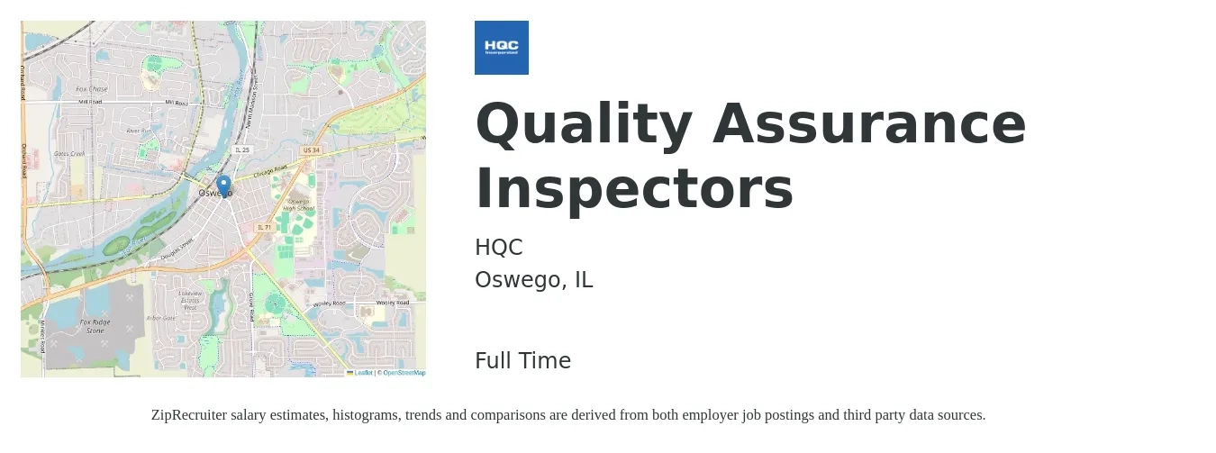 HQC job posting for a Quality Assurance Inspectors in Oswego, IL with a salary of $17 to $18 Hourly and benefits including dental, life_insurance, medical, pto, and vision with a map of Oswego location.