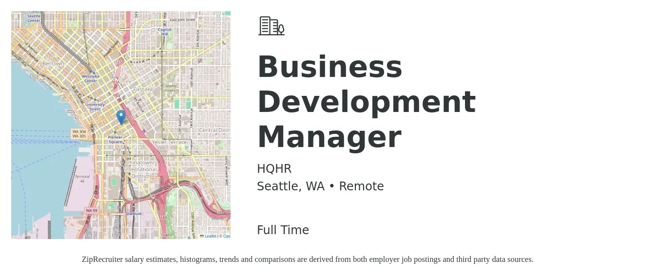 HQHR job posting for a Business Development Manager in Seattle, WA with a salary of $69,400 to $113,800 Yearly with a map of Seattle location.