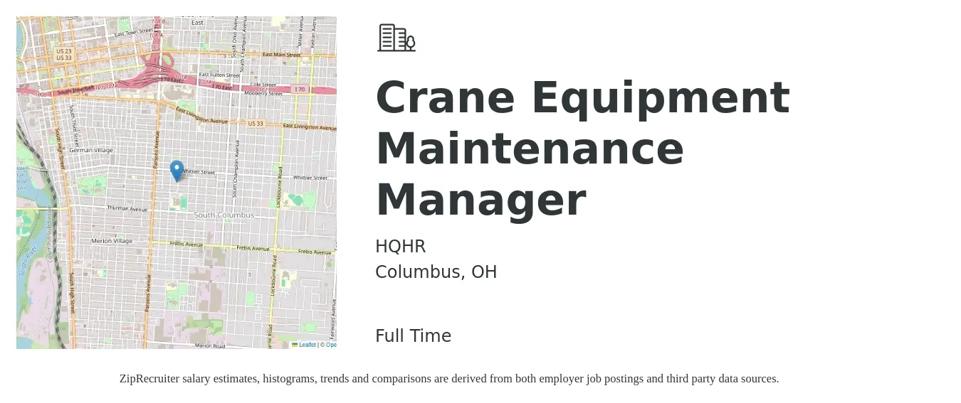 HQHR job posting for a Crane Equipment Maintenance Manager in Columbus, OH with a salary of $22 to $36 Hourly with a map of Columbus location.