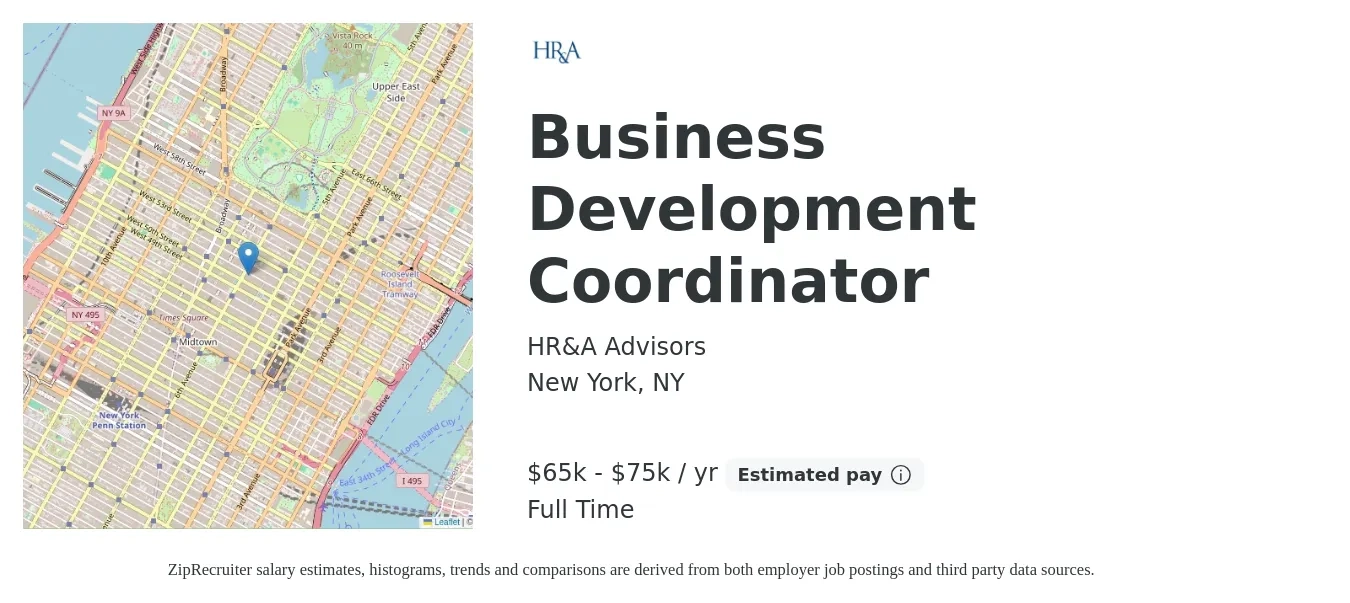 HR&A Advisors job posting for a Business Development Coordinator in New York, NY with a salary of $65,000 to $75,000 Yearly with a map of New York location.
