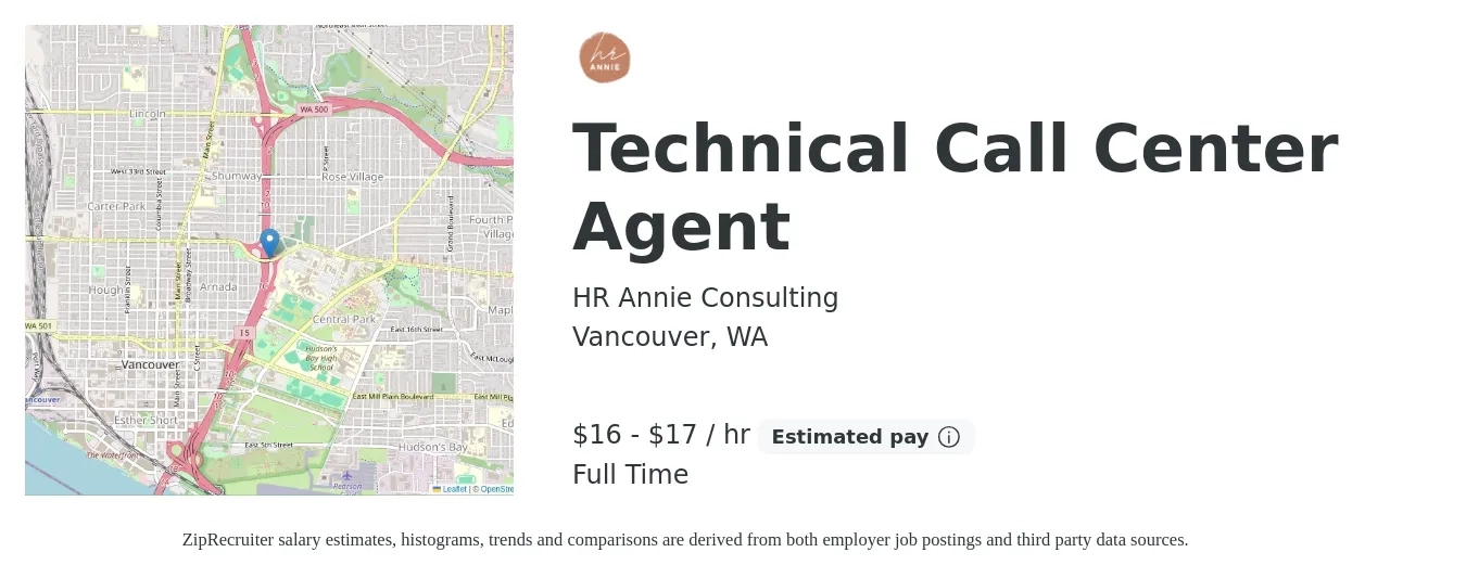 HR Annie Consulting job posting for a Technical Call Center Agent in Vancouver, WA with a salary of $17 to $18 Hourly with a map of Vancouver location.