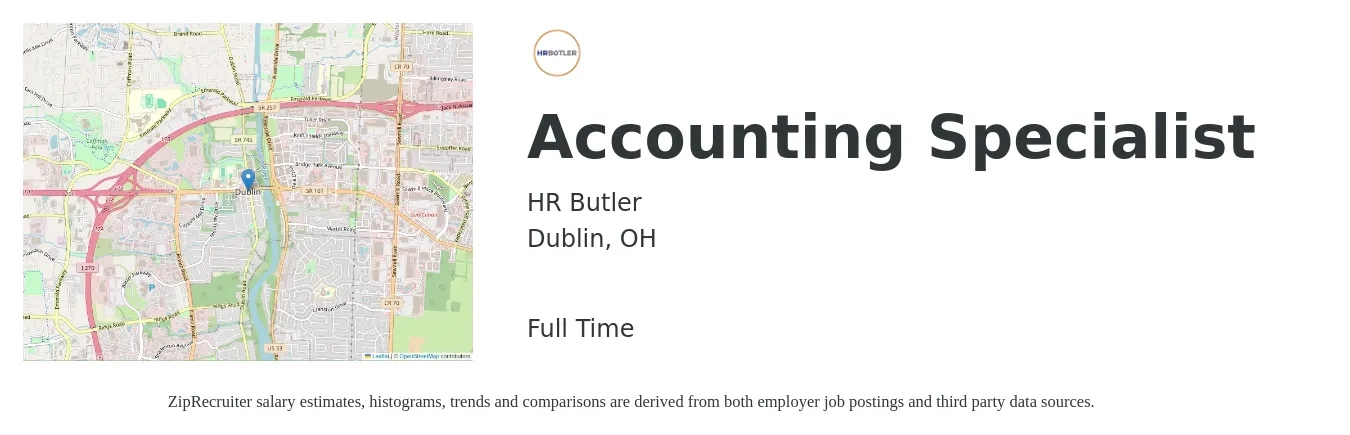HR Butler job posting for a Accounting Specialist in Dublin, OH with a salary of $20 to $28 Hourly with a map of Dublin location.