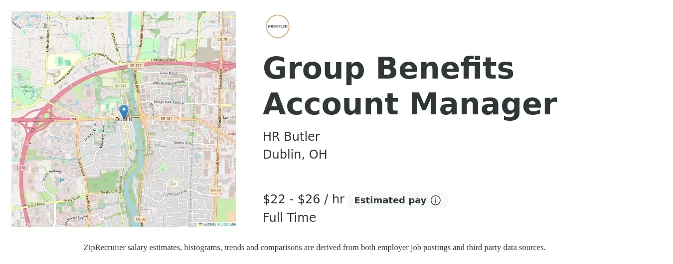 HR Butler job posting for a Group Benefits Account Manager in Dublin, OH with a salary of $23 to $28 Hourly with a map of Dublin location.