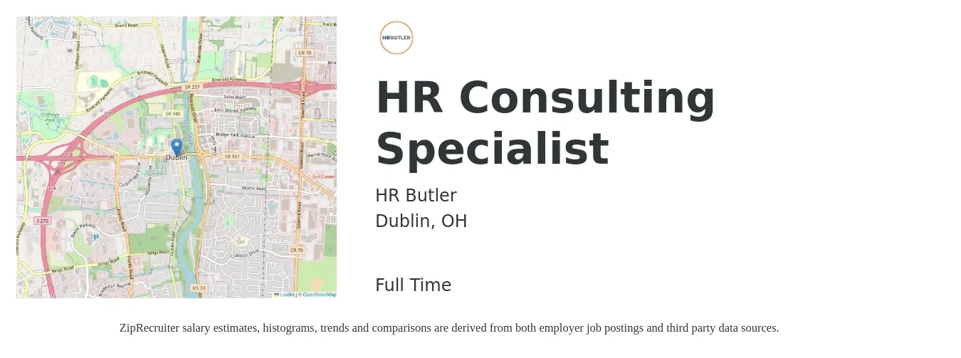 HR Butler job posting for a HR Consulting Specialist in Dublin, OH with a salary of $45,400 to $95,100 Yearly with a map of Dublin location.