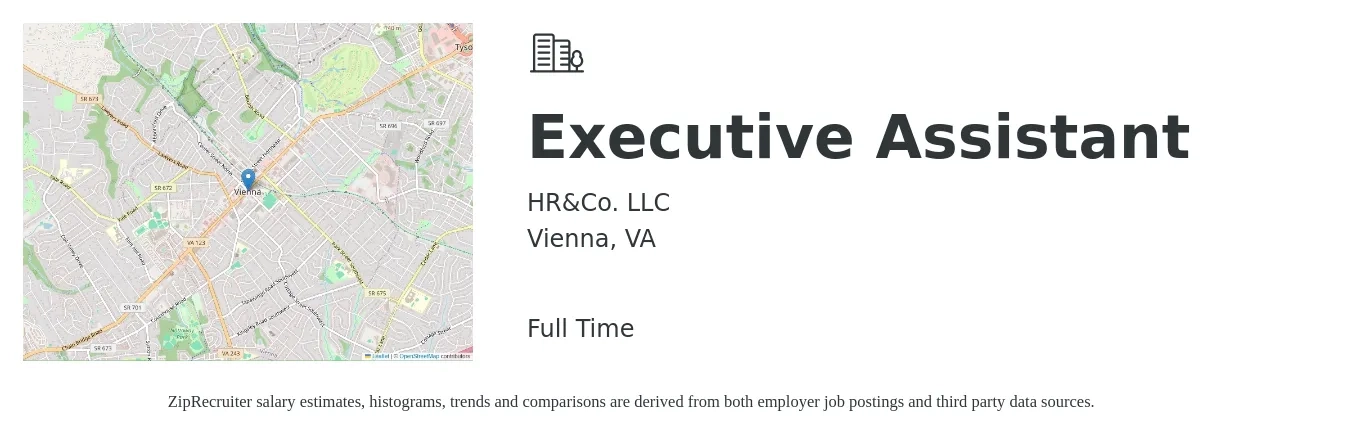 HR&Co. LLC job posting for a Executive Assistant in Vienna, VA with a salary of $50,200 to $75,300 Yearly with a map of Vienna location.