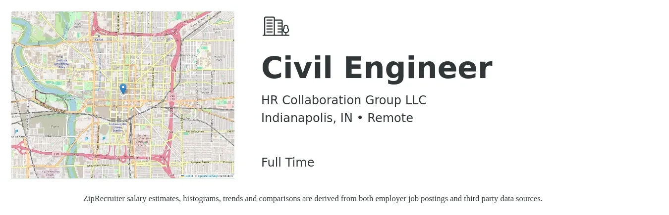 HR Collaboration Group LLC job posting for a Civil Engineer in Indianapolis, IN with a salary of $64,500 to $94,100 Yearly with a map of Indianapolis location.