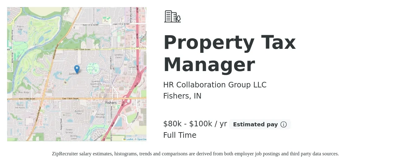 HR Collaboration Group LLC job posting for a Property Tax Manager in Fishers, IN with a salary of $39,600 to $61,200 Yearly with a map of Fishers location.