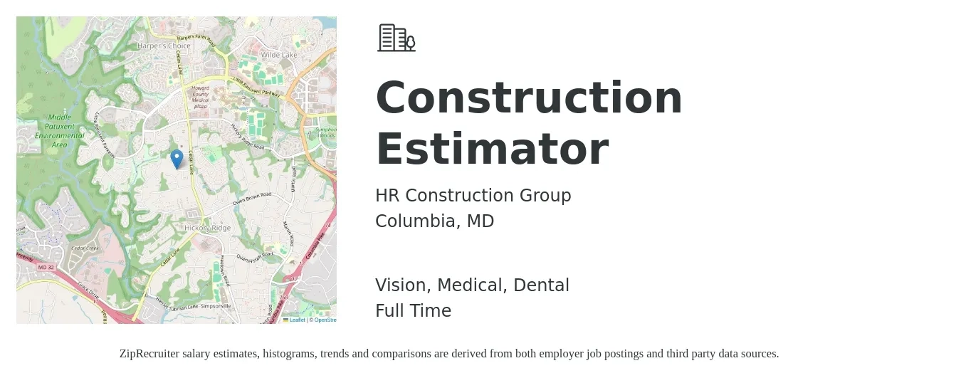 HR Construction Group job posting for a Construction Estimator in Columbia, MD with a salary of $61,500 to $98,200 Yearly and benefits including retirement, vision, dental, life_insurance, medical, and pto with a map of Columbia location.