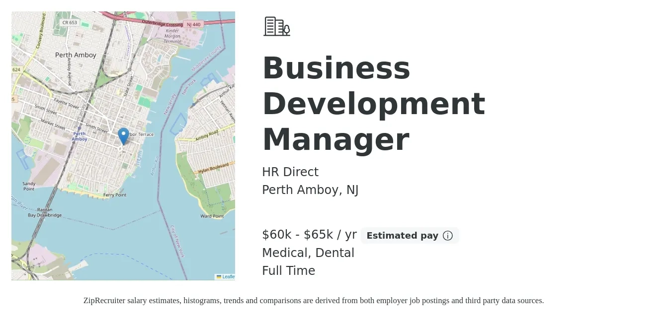 HR Direct job posting for a Business Development Manager in Perth Amboy, NJ with a salary of $60,000 to $65,000 Yearly and benefits including dental, medical, and pto with a map of Perth Amboy location.