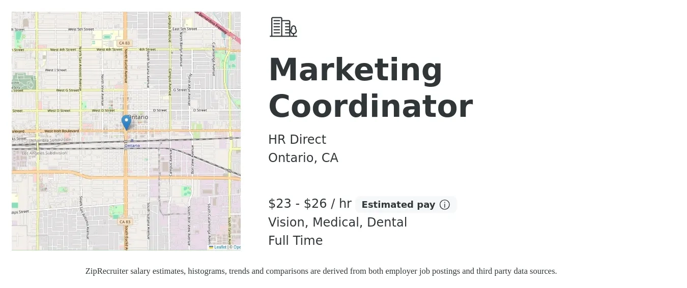 HR Direct job posting for a Marketing Coordinator in Ontario, CA with a salary of $24 to $28 Hourly and benefits including retirement, vision, dental, and medical with a map of Ontario location.