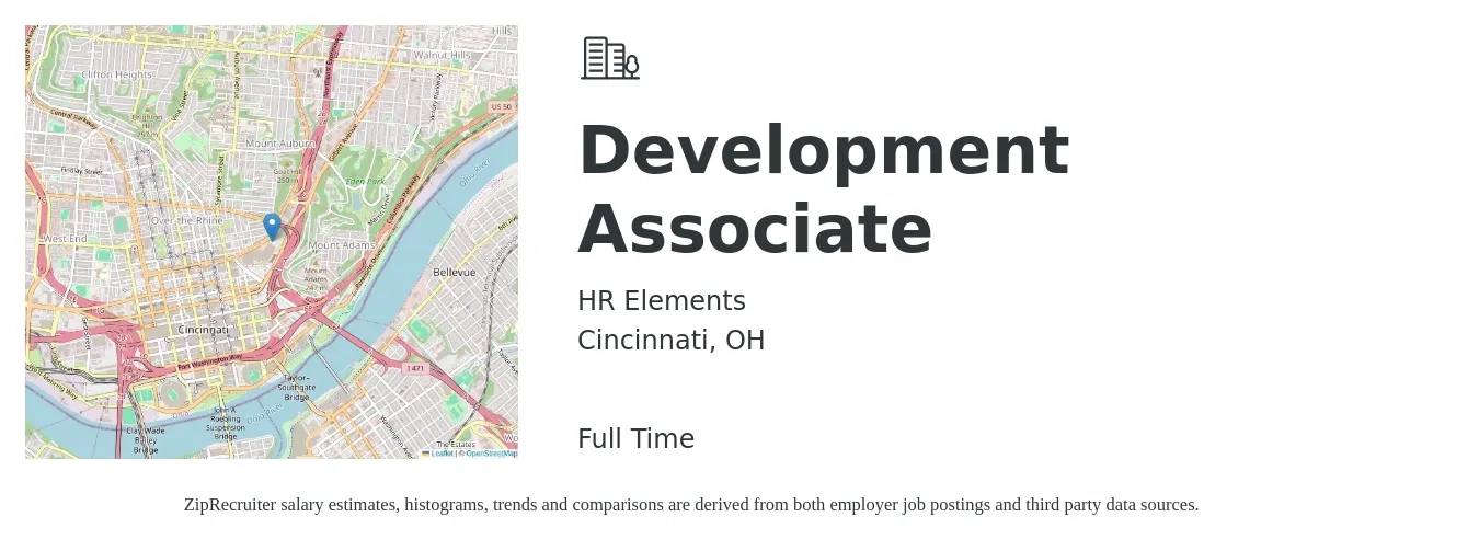 HR Elements job posting for a Development Associate in Cincinnati, OH with a salary of $41,500 to $58,500 Yearly with a map of Cincinnati location.