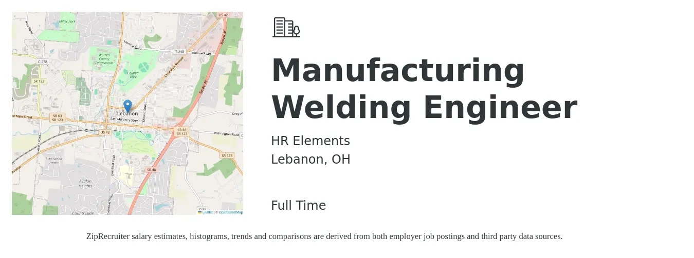 HR Elements job posting for a Manufacturing Welding Engineer in Lebanon, OH with a salary of $33 to $45 Hourly with a map of Lebanon location.