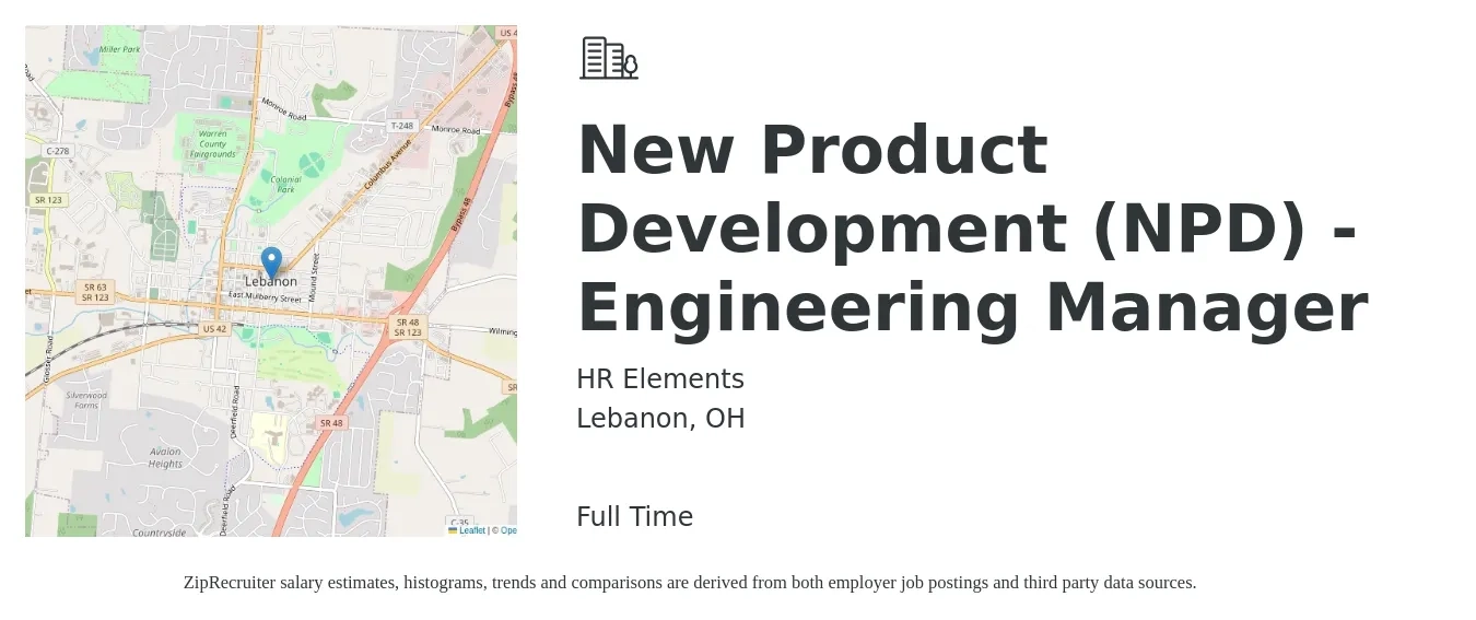 HR Elements job posting for a New Product Development (NPD) - Engineering Manager in Lebanon, OH with a salary of $104,600 to $130,600 Yearly with a map of Lebanon location.