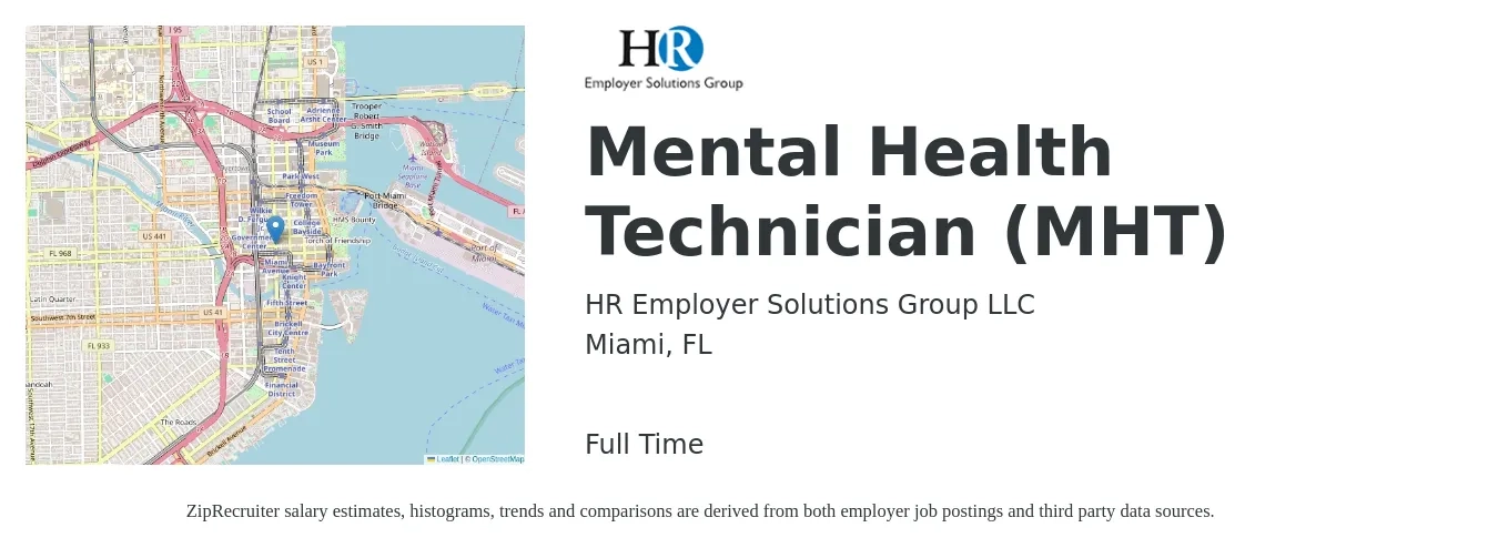 HR Employer Solutions Group job posting for a Mental Health Technician (MHT) in Miami, FL with a salary of $16 to $22 Hourly with a map of Miami location.