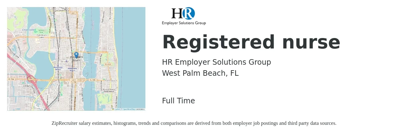 HR Employer Solutions Group job posting for a Registered Nurse in West Palm Beach, FL with a salary of $32 to $50 Hourly with a map of West Palm Beach location.