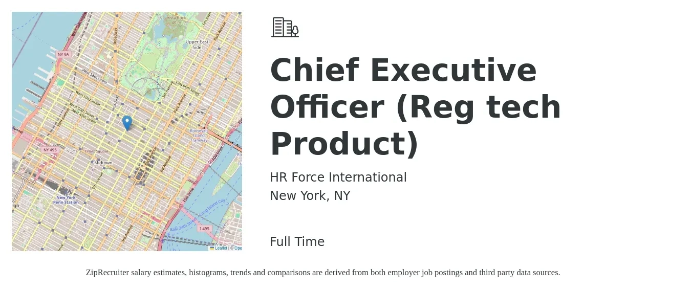 HR Force International job posting for a Chief Executive Officer (Reg tech Product) in New York, NY with a salary of $118,700 to $175,000 Yearly with a map of New York location.