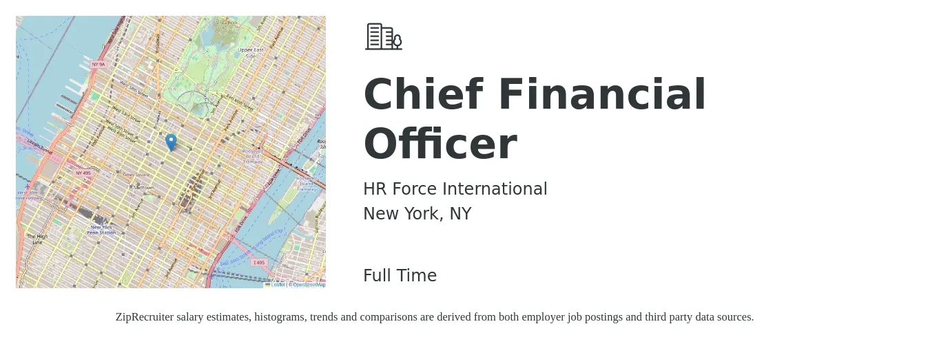 HR Force International job posting for a Chief Financial Officer in New York, NY with a salary of $154,300 to $437,600 Yearly with a map of New York location.