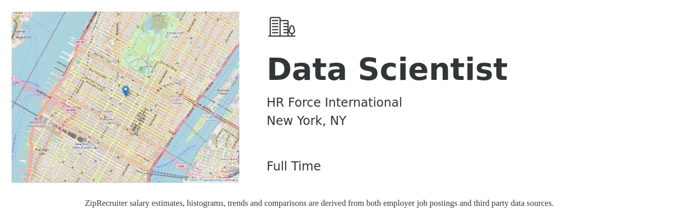 HR Force International job posting for a Data Scientist in New York, NY with a salary of $107,800 to $148,800 Yearly with a map of New York location.