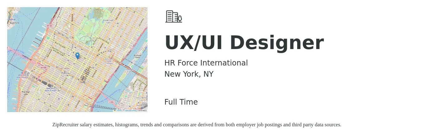 HR Force International job posting for a UX/UI Designer in New York, NY with a salary of $47 to $74 Hourly with a map of New York location.