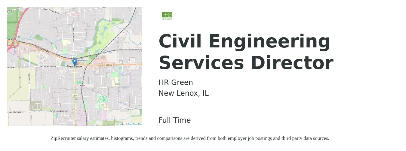 HR Green job posting for a Civil Engineering Services Director in New Lenox, IL with a salary of $144,000 to $257,400 Yearly with a map of New Lenox location.