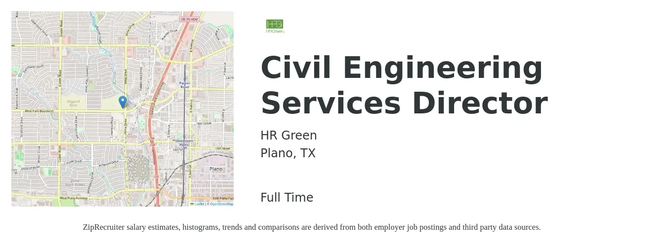 HR Green job posting for a Civil Engineering Services Director in Plano, TX with a salary of $132,300 to $236,500 Yearly with a map of Plano location.
