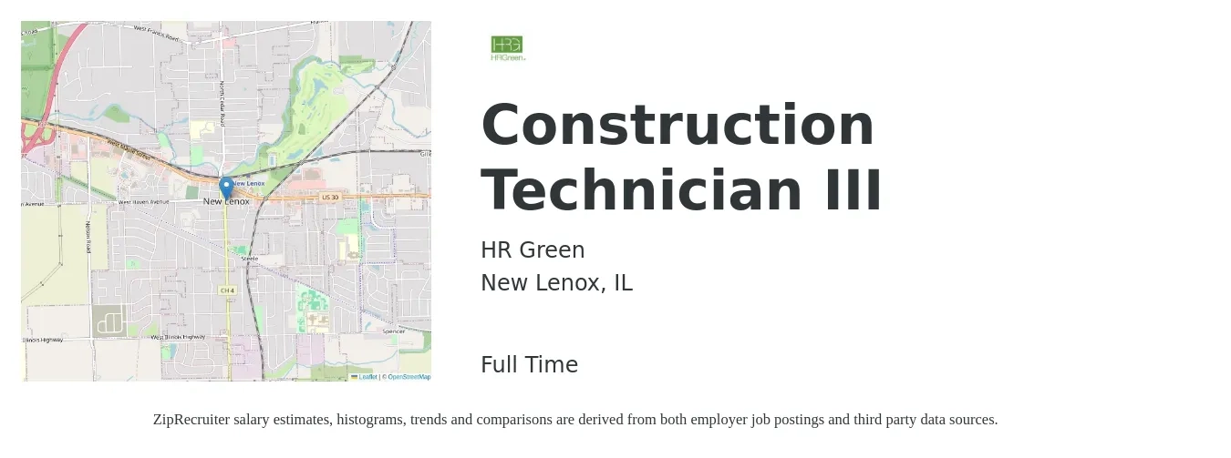 HR Green job posting for a Construction Technician III in New Lenox, IL with a salary of $19 to $26 Hourly with a map of New Lenox location.