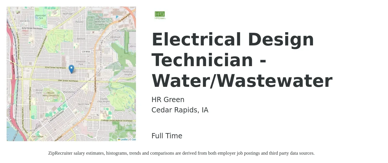 HR Green job posting for a Electrical Design Technician - Water/Wastewater in Cedar Rapids, IA with a salary of $29 to $44 Hourly with a map of Cedar Rapids location.