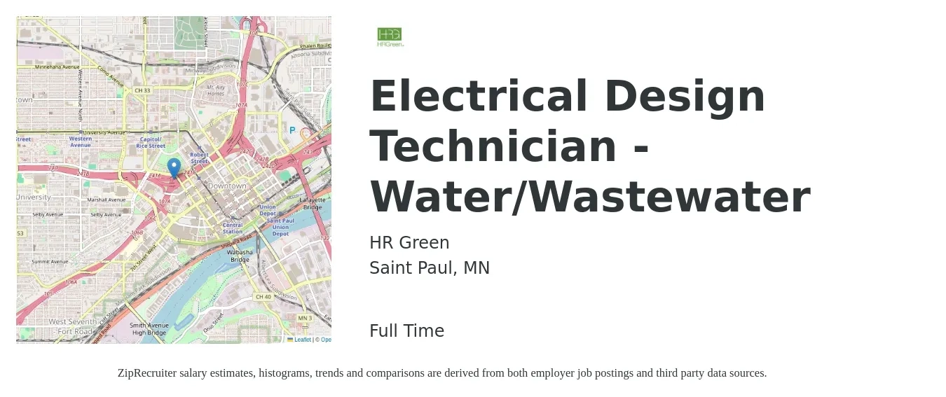 HR Green job posting for a Electrical Design Technician - Water/Wastewater in Saint Paul, MN with a salary of $29 to $44 Hourly with a map of Saint Paul location.