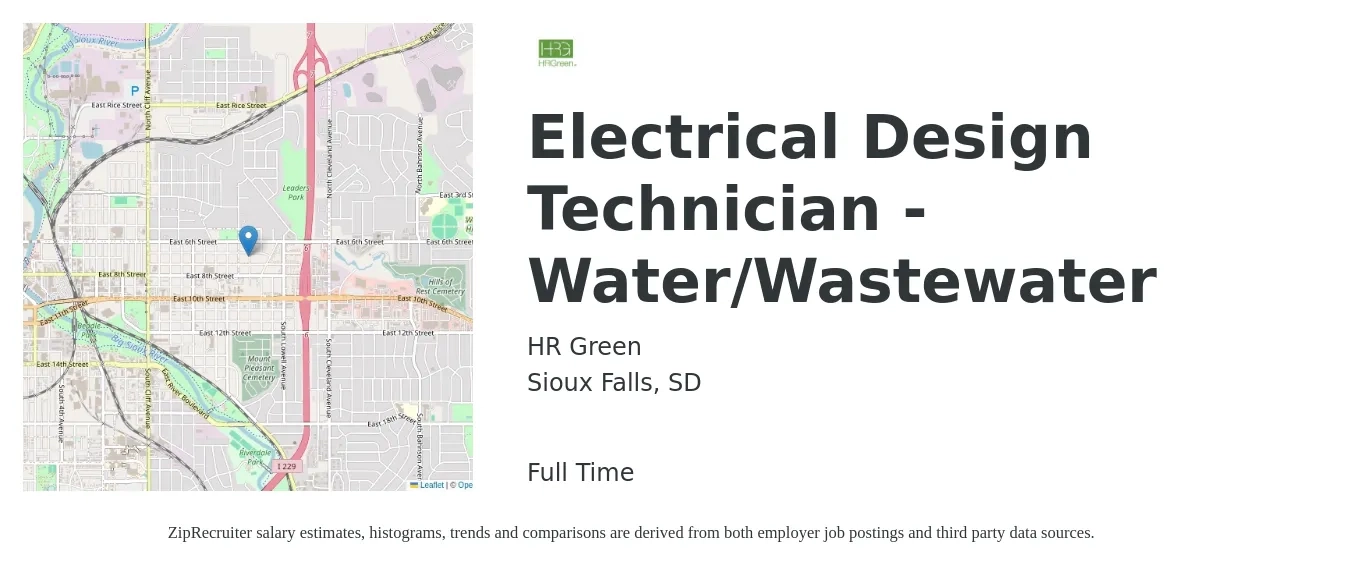 HR Green job posting for a Electrical Design Technician - Water/Wastewater in Sioux Falls, SD with a salary of $28 to $43 Hourly with a map of Sioux Falls location.