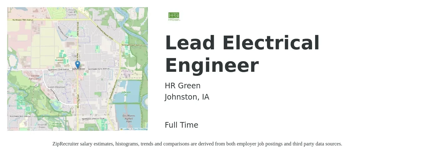 HR Green job posting for a Lead Electrical Engineer in Johnston, IA with a salary of $150,100 to $156,700 Yearly with a map of Johnston location.
