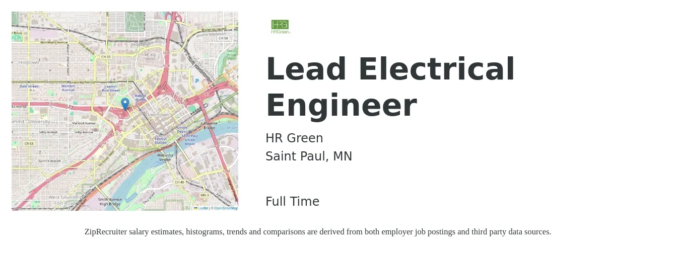 HR Green job posting for a Lead Electrical Engineer in Saint Paul, MN with a salary of $158,900 to $165,900 Yearly with a map of Saint Paul location.
