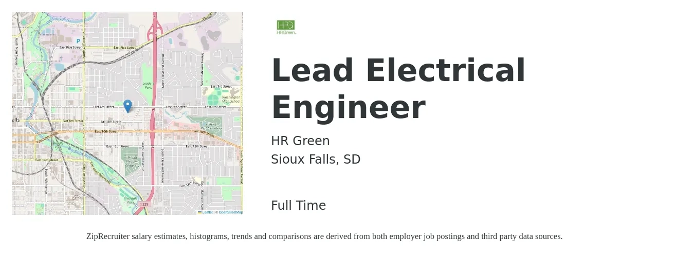 HR Green job posting for a Lead Electrical Engineer in Sioux Falls, SD with a salary of $154,200 to $160,900 Yearly with a map of Sioux Falls location.