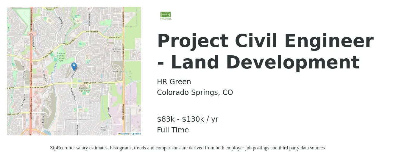 HR Green job posting for a Project Civil Engineer - Land Development in Colorado Springs, CO with a salary of $83,900 to $130,200 Yearly with a map of Colorado Springs location.