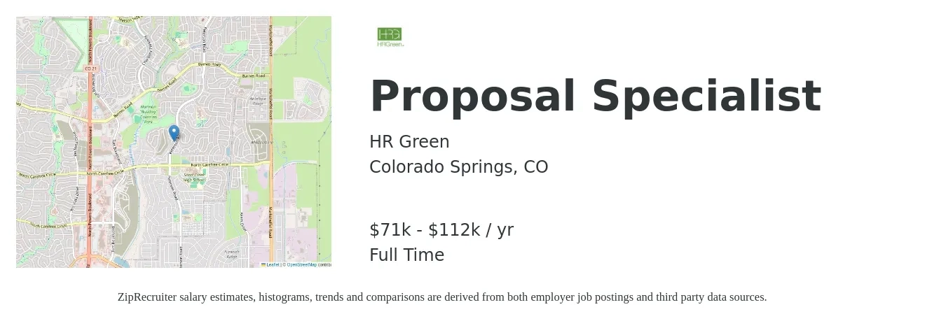 HR Green job posting for a Proposal Specialist in Colorado Springs, CO with a salary of $71,800 to $112,500 Yearly with a map of Colorado Springs location.