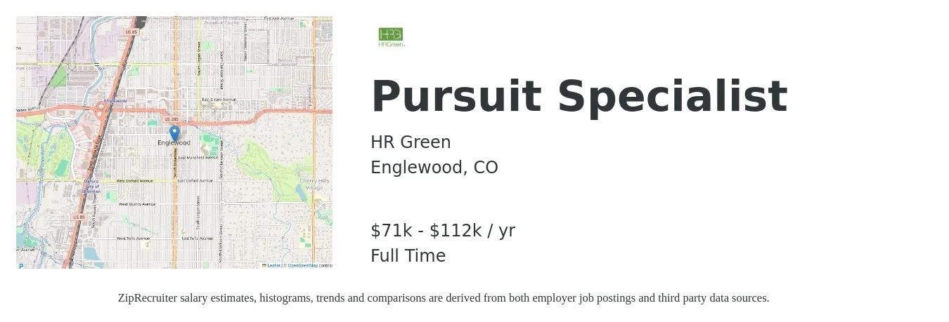 HR Green job posting for a Pursuit Specialist in Englewood, CO with a salary of $71,800 to $112,500 Yearly with a map of Englewood location.
