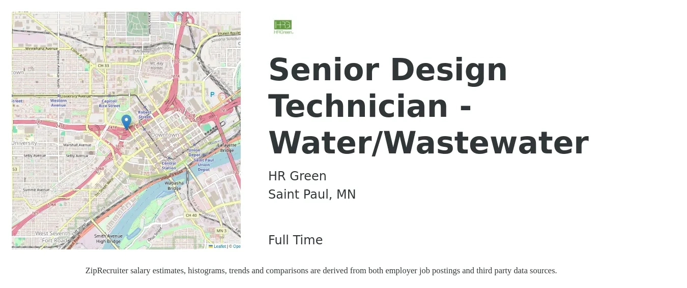 HR Green job posting for a Senior Design Technician - Water/Wastewater in Saint Paul, MN with a salary of $27 to $40 Hourly with a map of Saint Paul location.