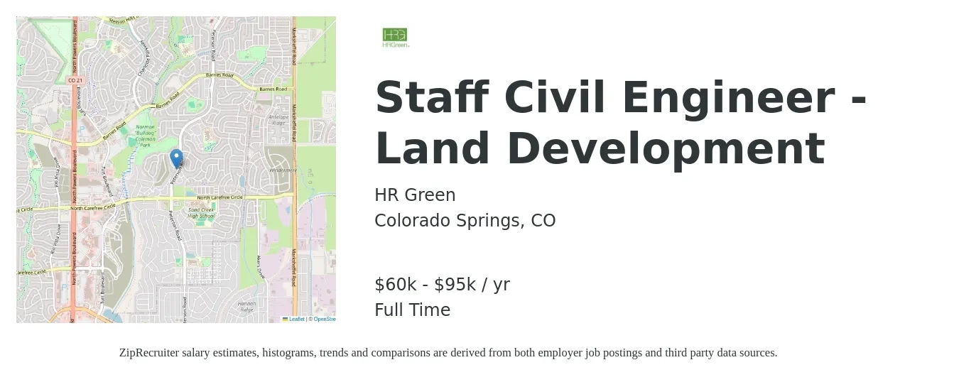 HR Green job posting for a Staff Civil Engineer - Land Development in Colorado Springs, CO with a salary of $60,600 to $95,600 Yearly with a map of Colorado Springs location.