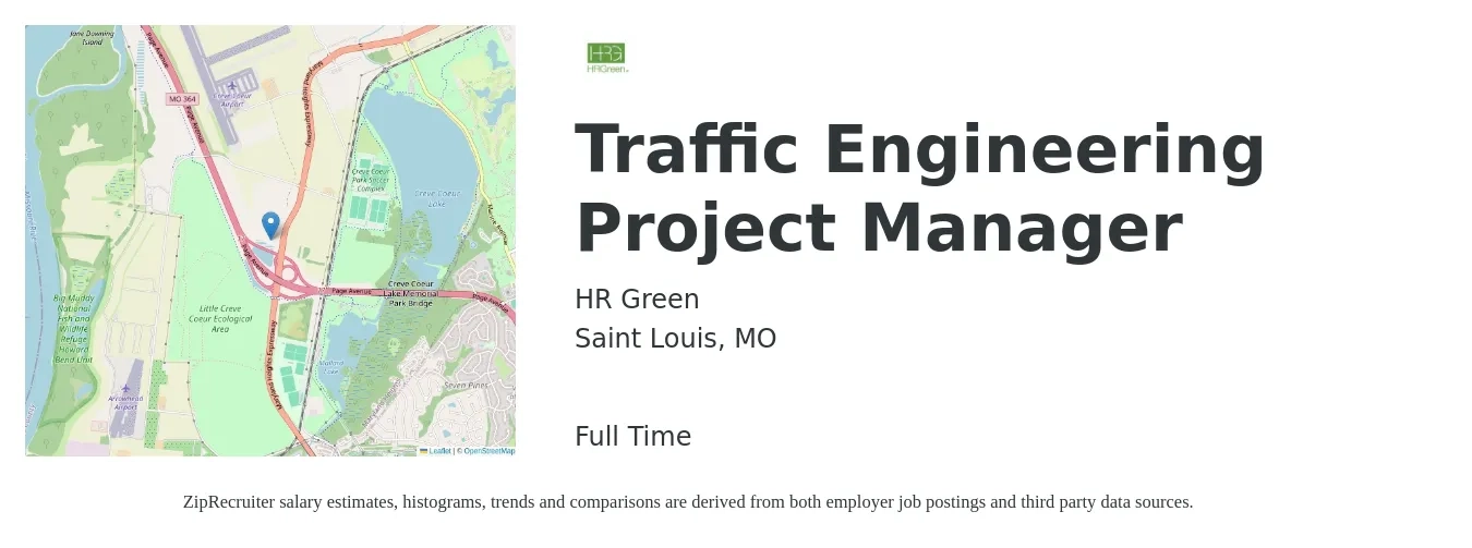 HR Green job posting for a Traffic Engineering Project Manager in Saint Louis, MO with a salary of $104,700 to $165,200 Yearly with a map of Saint Louis location.