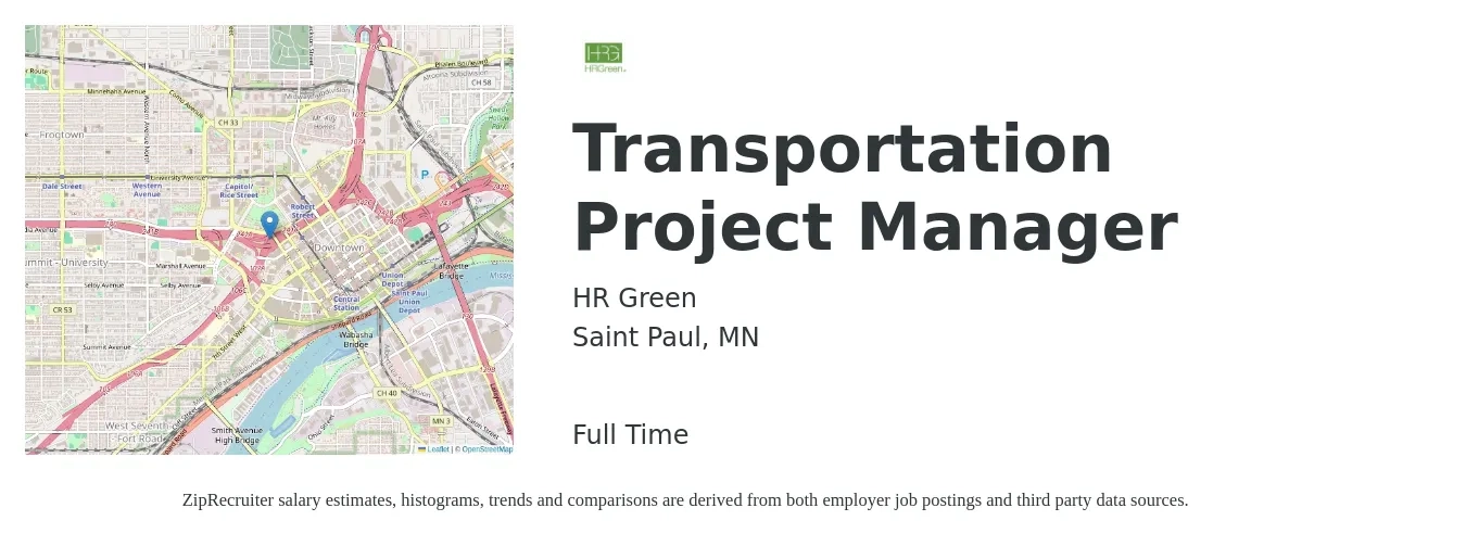 HR Green job posting for a Transportation Project Manager in Saint Paul, MN with a salary of $82,900 to $126,100 Yearly with a map of Saint Paul location.