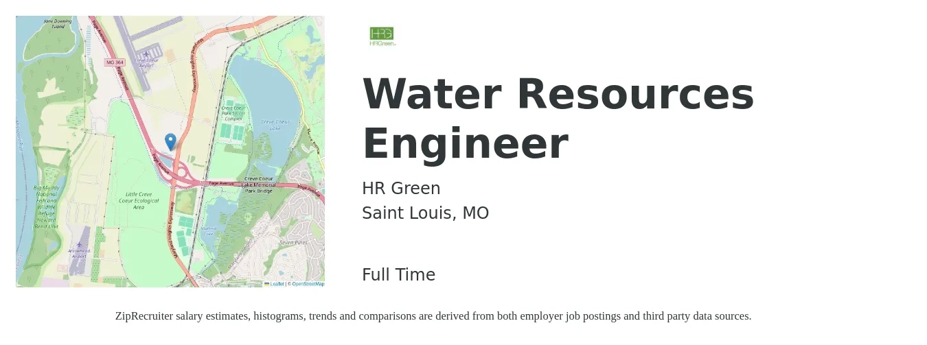 HR Green job posting for a Water Resources Engineer in Saint Louis, MO with a salary of $74,000 to $101,100 Yearly with a map of Saint Louis location.