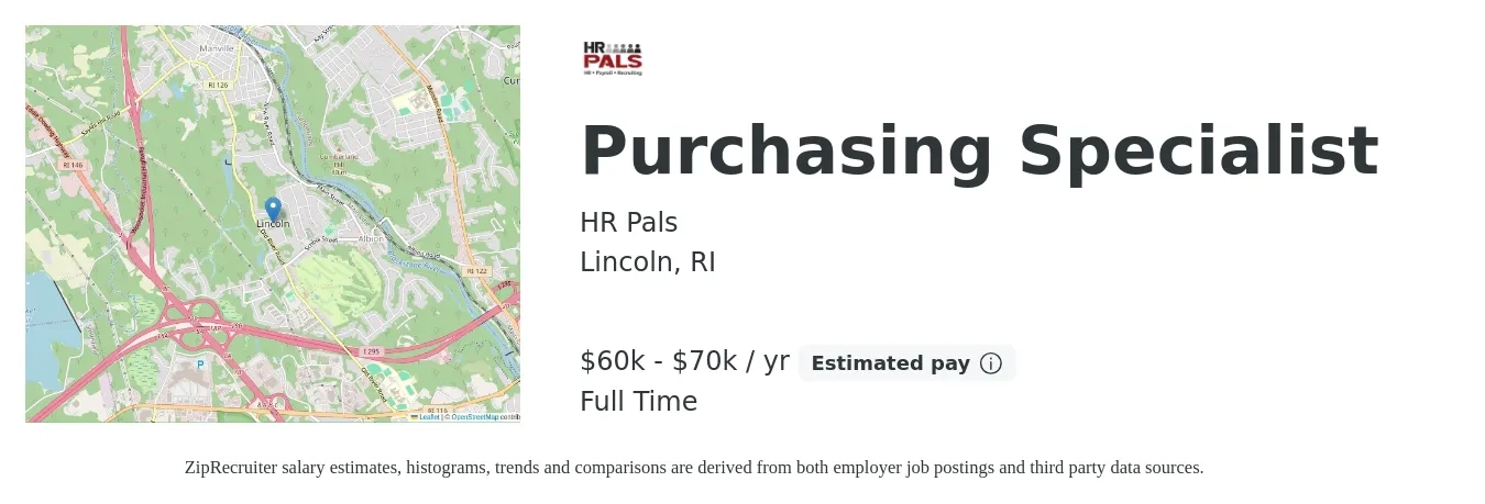 HR Pals job posting for a Purchasing Specialist in Lincoln, RI with a salary of $60,000 to $70,000 Yearly with a map of Lincoln location.