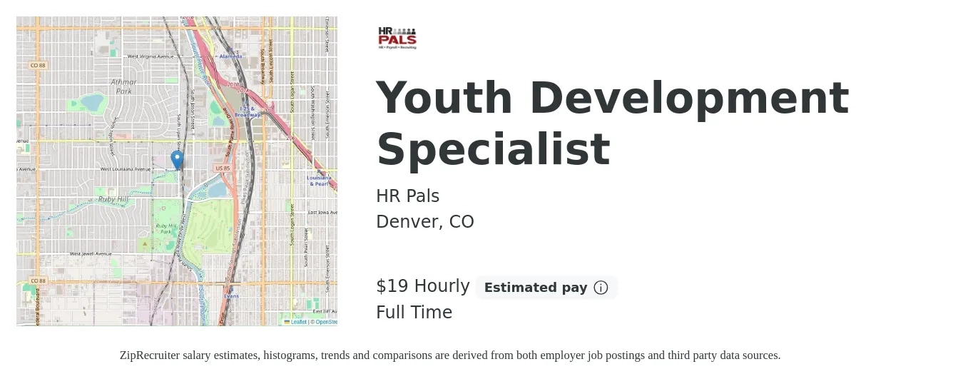 HR Pals job posting for a Youth Development Specialist in Denver, CO with a salary of $20 Hourly with a map of Denver location.
