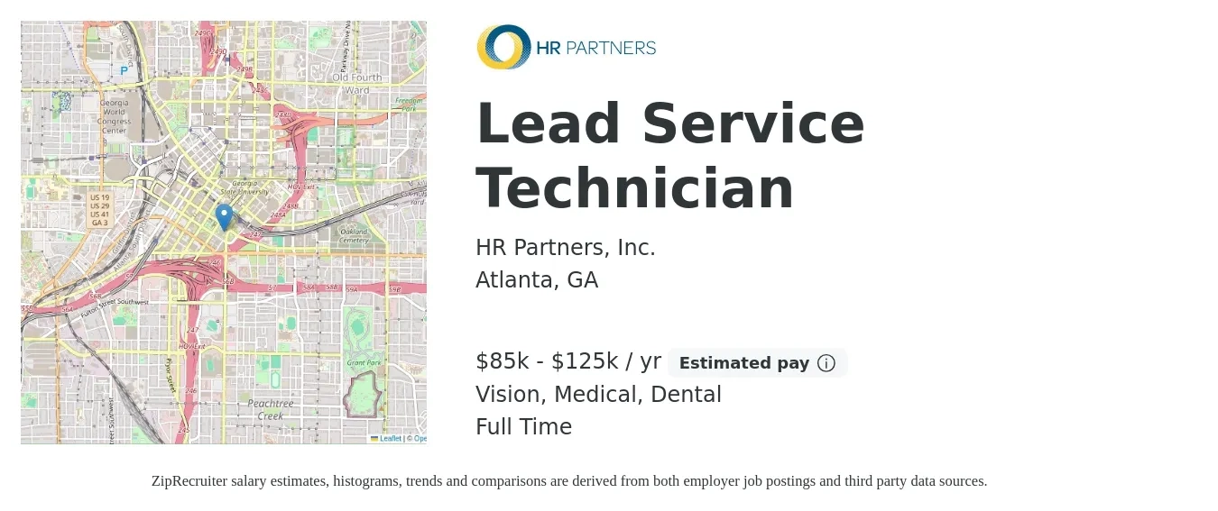HR Partners, Inc. job posting for a Lead Service Technician in Atlanta, GA with a salary of $85,000 to $125,000 Yearly with a map of Atlanta location.