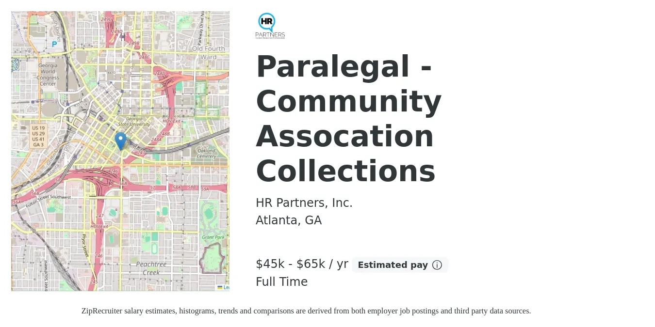 HR Partners, Inc. job posting for a Paralegal - Community Assocation Collections in Atlanta, GA with a salary of $45,000 to $65,000 Yearly with a map of Atlanta location.