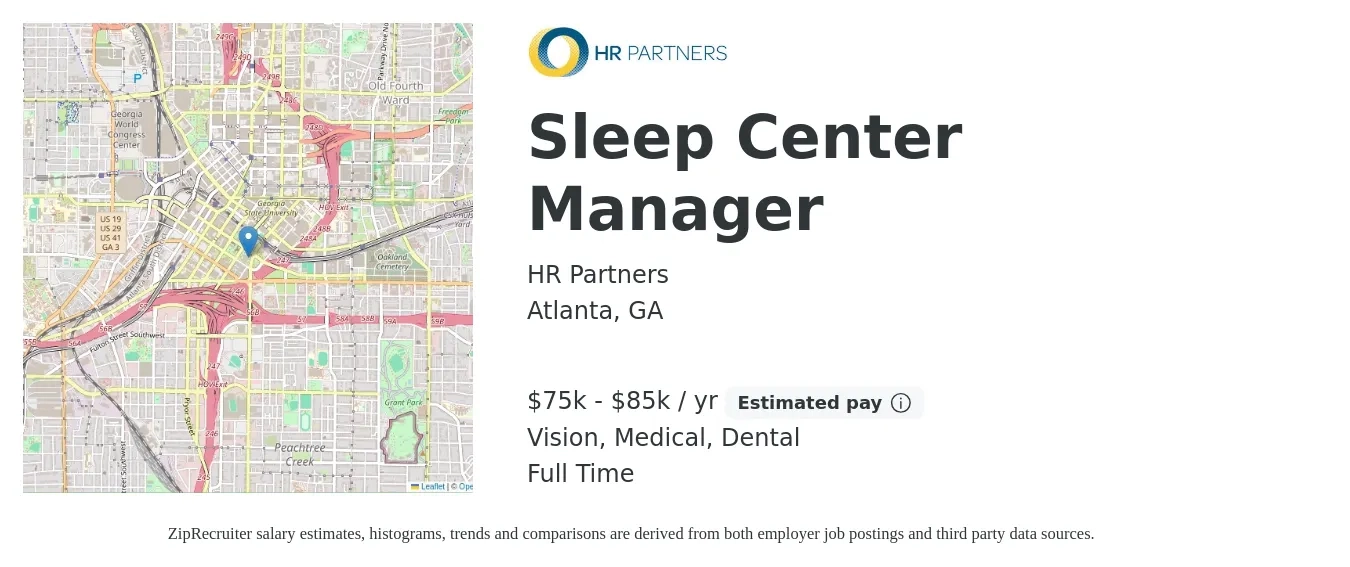 HR Partners job posting for a Sleep Center Manager in Atlanta, GA with a salary of $75,000 to $85,000 Yearly and benefits including dental, life_insurance, medical, pto, retirement, and vision with a map of Atlanta location.