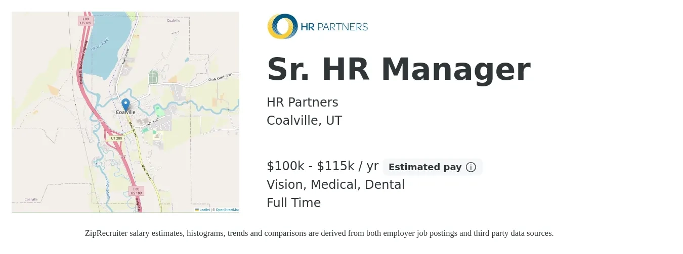 HR Partners job posting for a Sr. HR Manager in Coalville, UT with a salary of $100,000 to $115,000 Yearly and benefits including pto, retirement, vision, dental, life_insurance, and medical with a map of Coalville location.