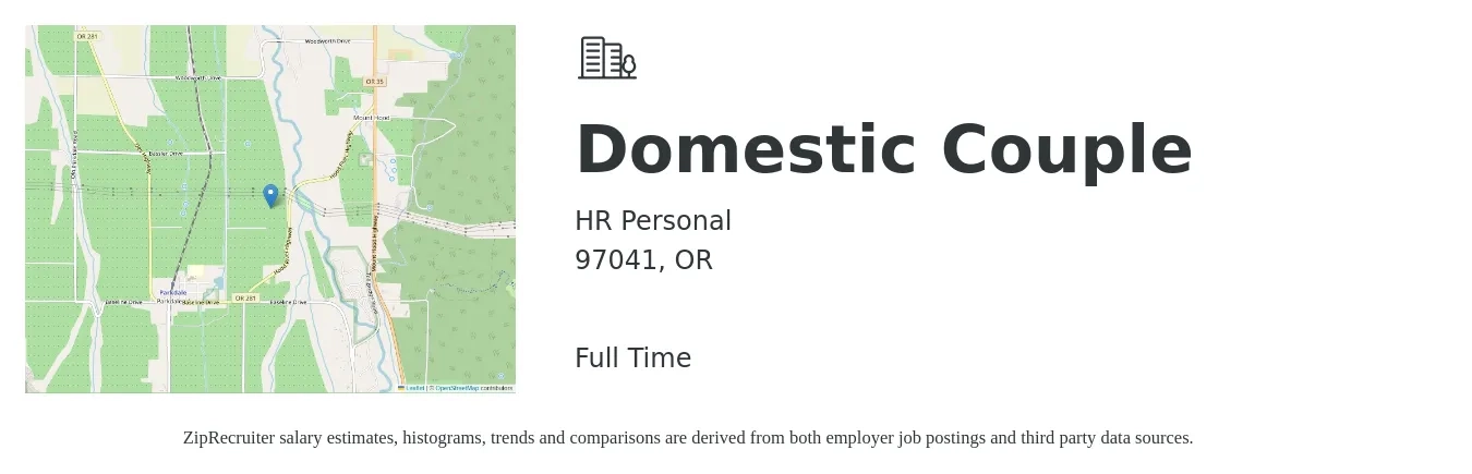 HR Personal job posting for a Domestic Couple in 97041, OR with a salary of $14 to $17 Hourly with a map of 97041 location.